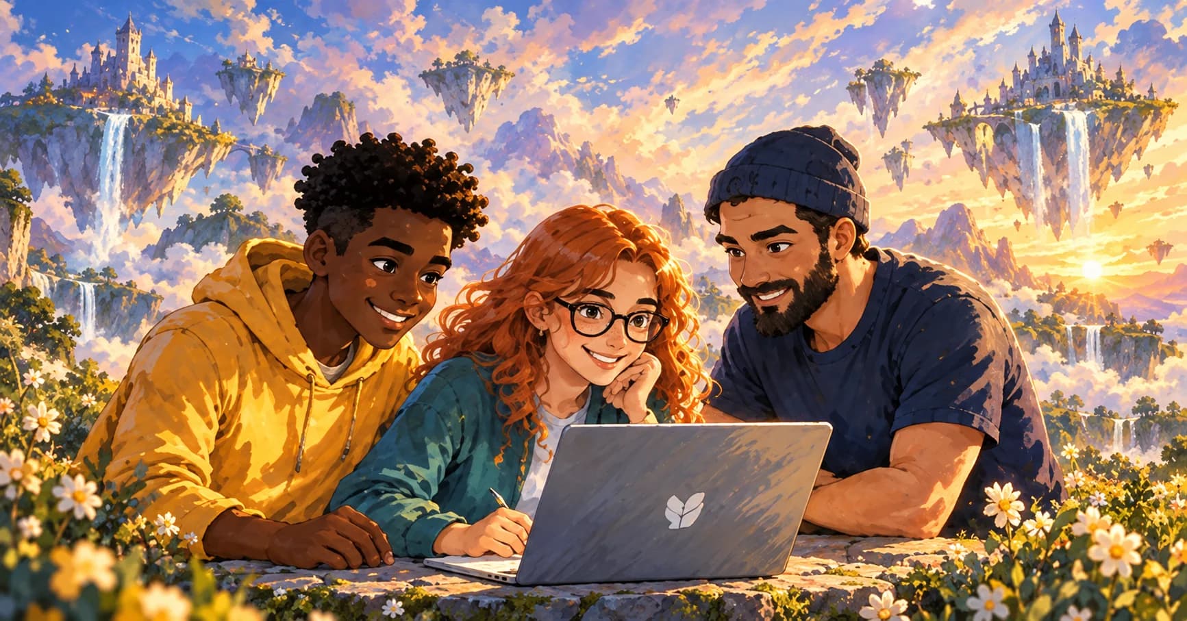 Ilustração: três amigos estudam juntos num notebook diante de uma paisagem com ilhas flutuantes ao pôr do sol